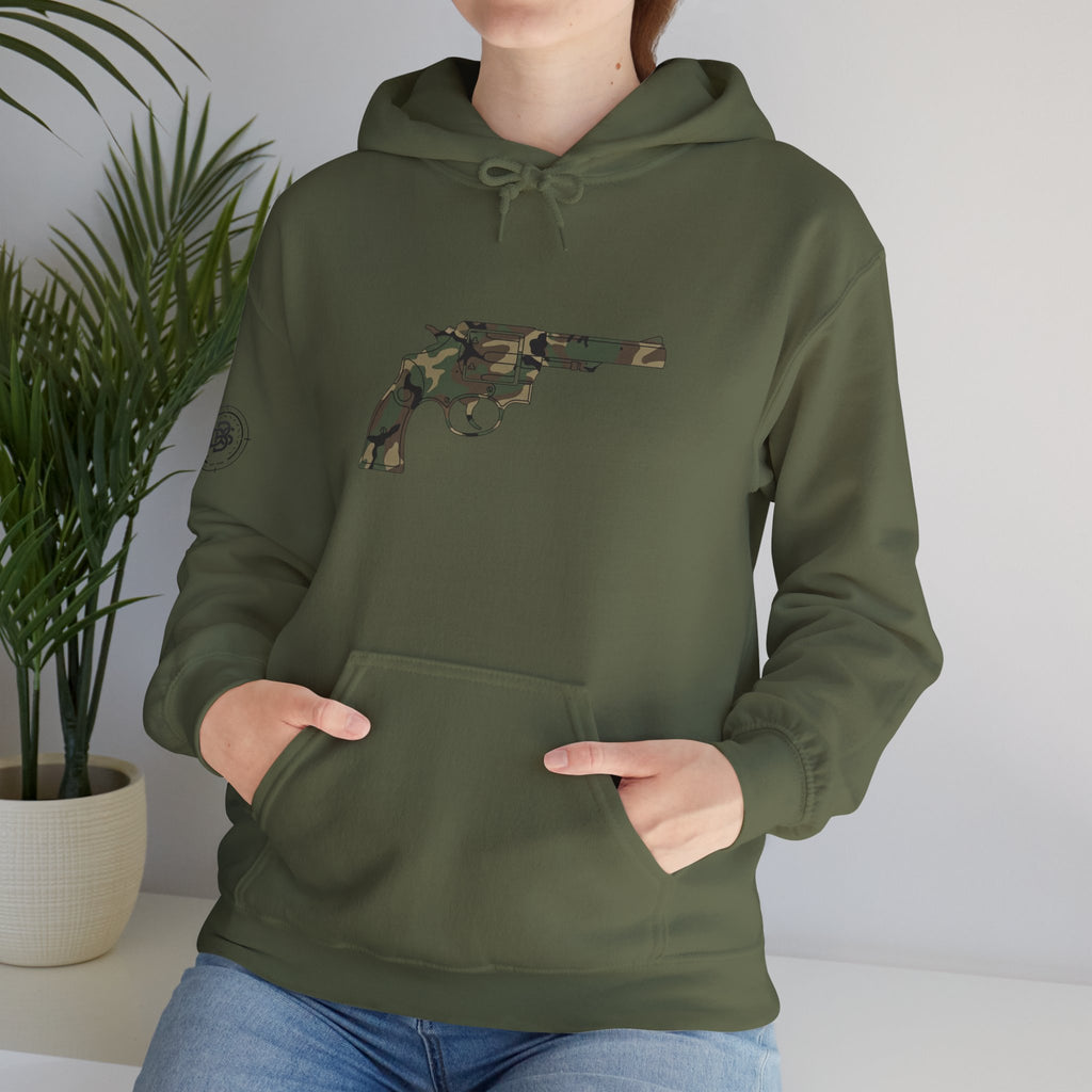 Revolver Graphic Hoodie - Vintage Camouflage Pistol Illustration