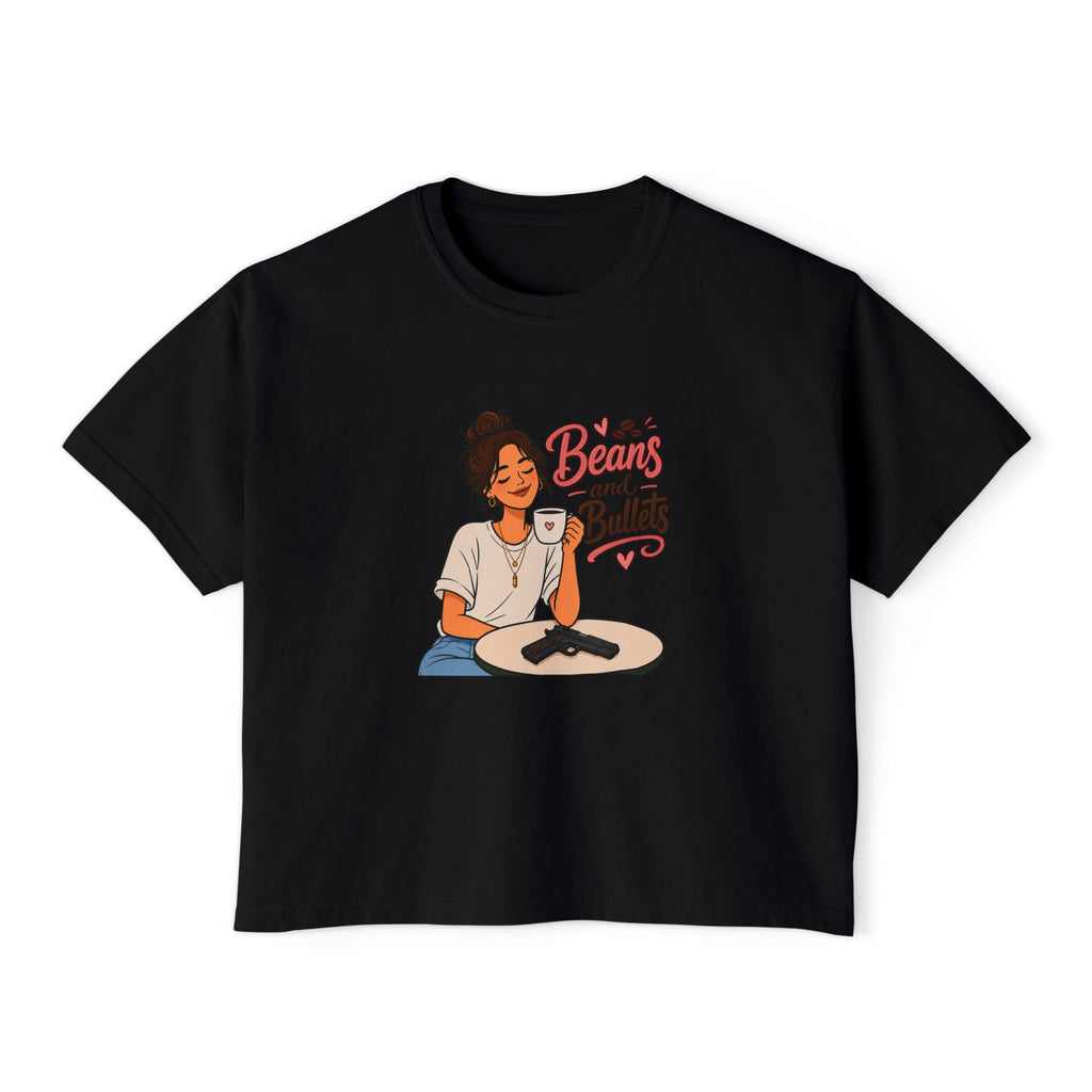 Beans and Bullets Women's Boxy Tee – Coffee Lover Graphic Crop Tee
