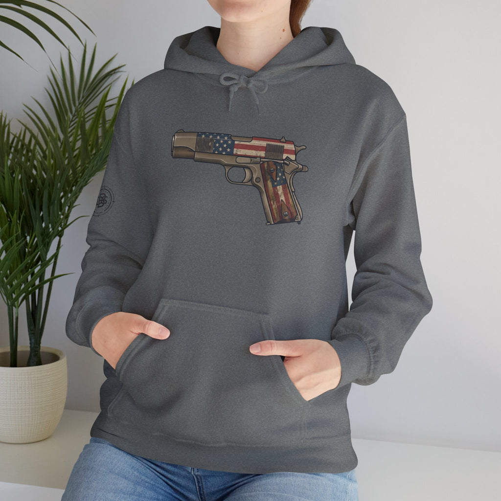 United States Flag Pistol Graphic Hoodie — Patriotic Firearm Graphic Sweatshirt