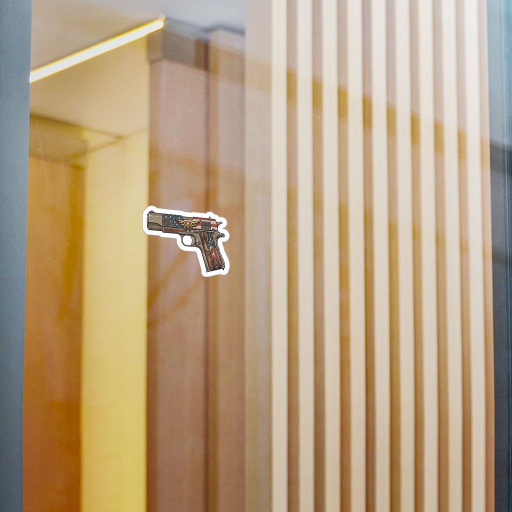 Wonder Woman Pistol Vinyl Sticker — American Flag & Vintage Firearm Kiss-Cut Decal