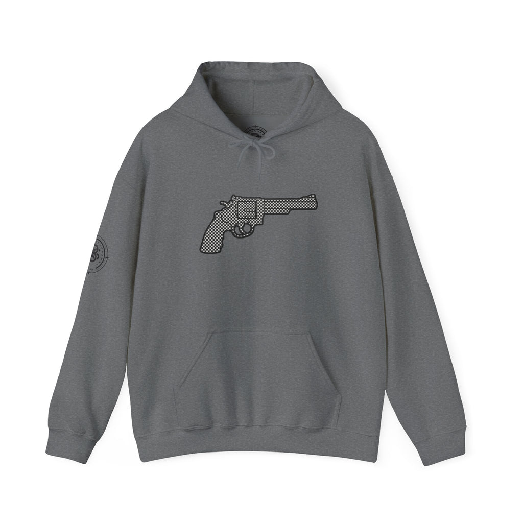 Checkered Revolver Hoodie — Retro Gun Graphic Pullover