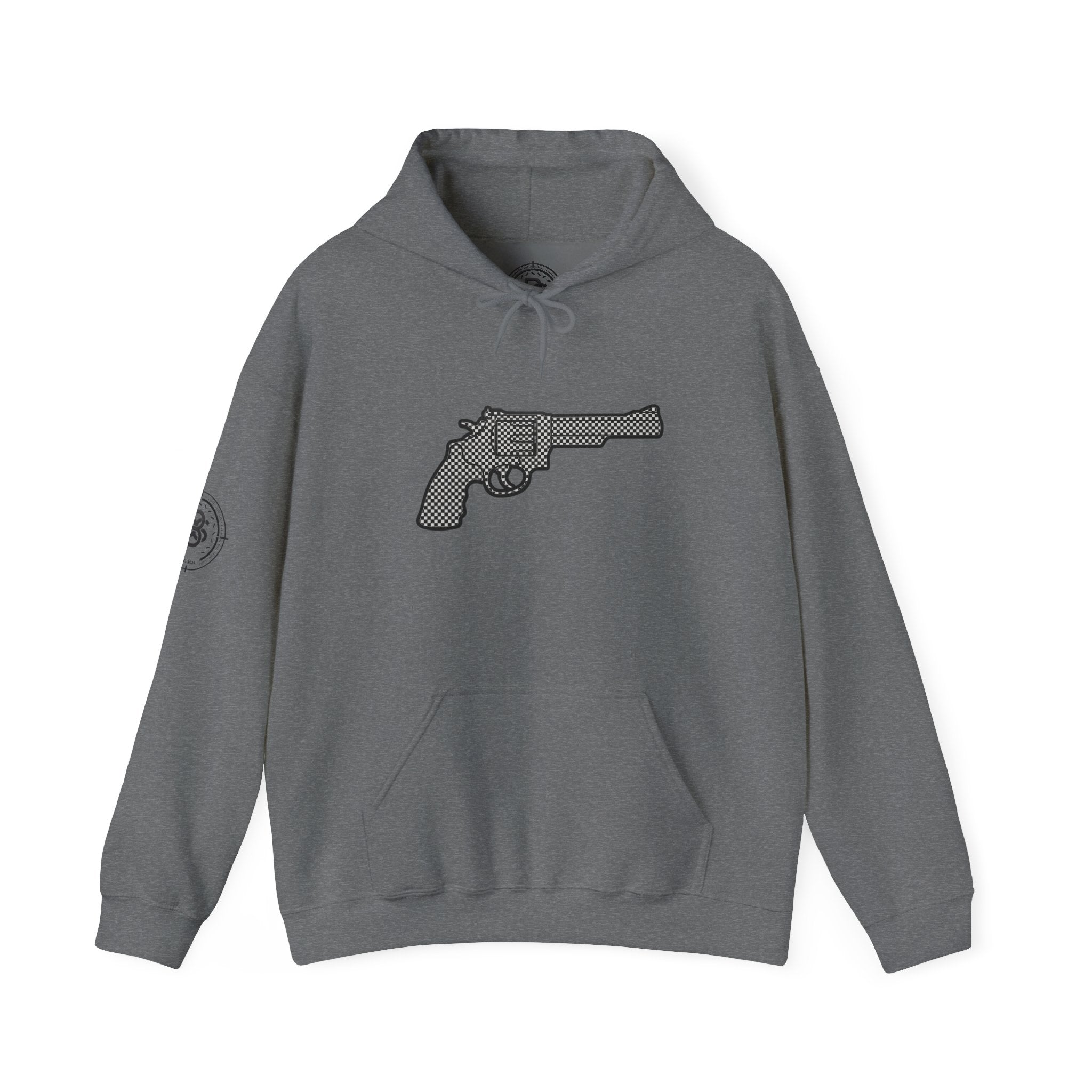 Checkered Revolver Hoodie — Retro Gun Graphic Pullover