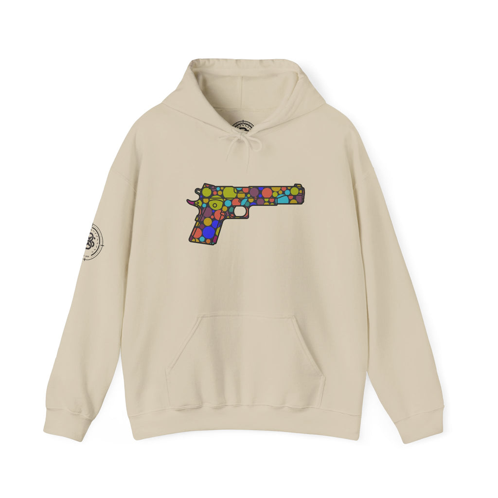 Dots Pistol Silhouette Hoodie — Colorful Mosaic Pistol Graphic Sweatshirt