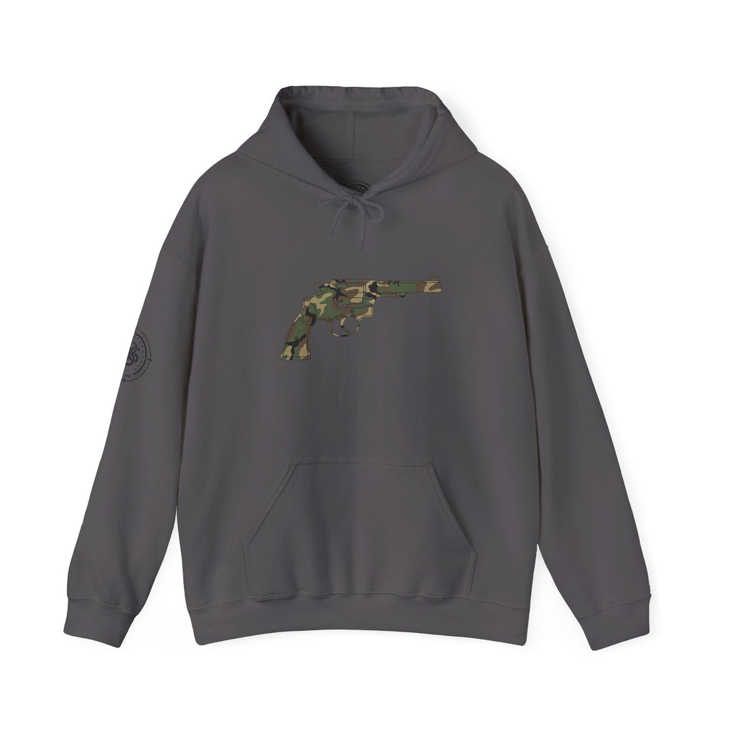 Revolver Graphic Hoodie - Vintage Camouflage Pistol Illustration