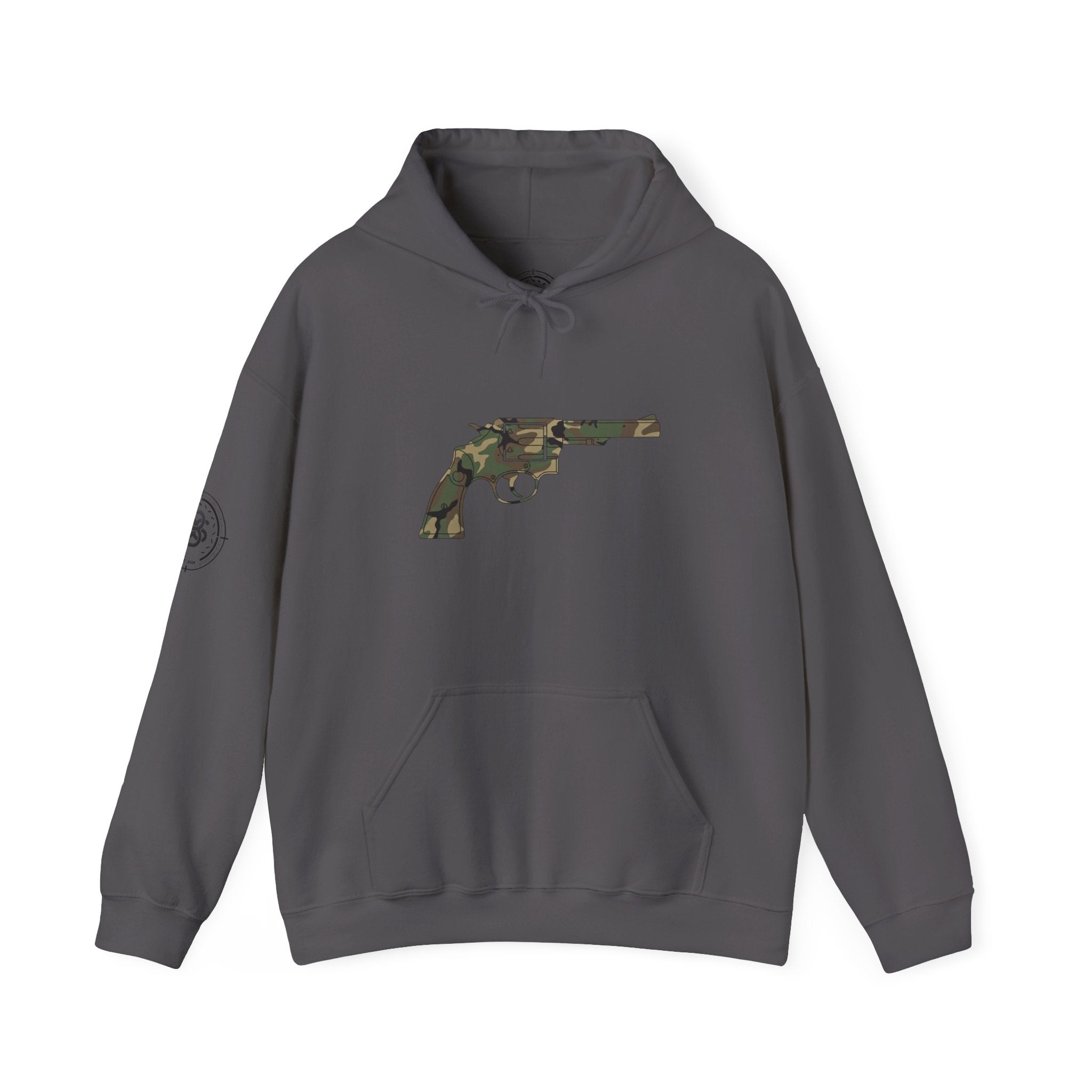 Revolver Graphic Hoodie - Vintage Camouflage Pistol Illustration