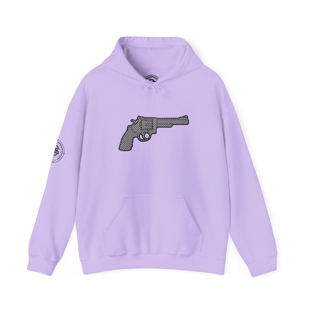 Checkered Revolver Hoodie — Retro Gun Graphic Pullover