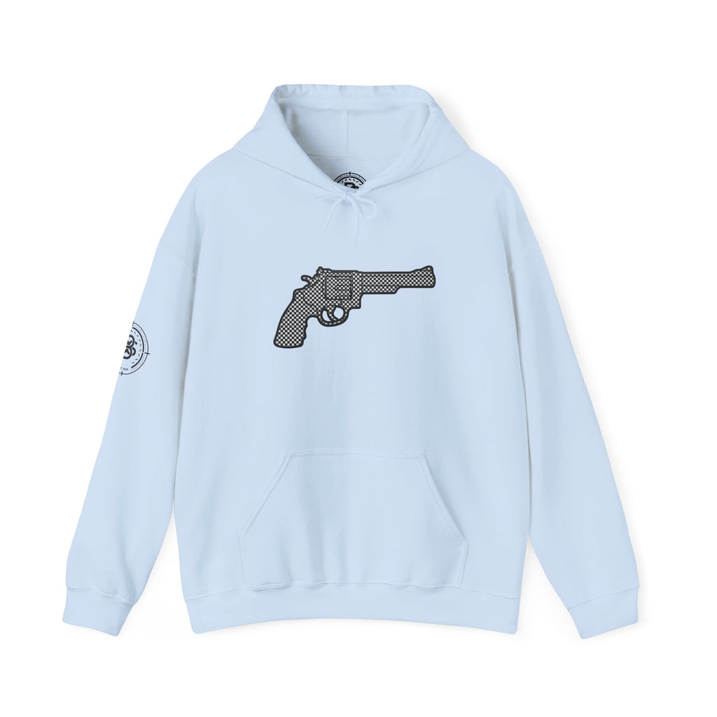 Checkered Revolver Hoodie — Retro Gun Graphic Pullover
