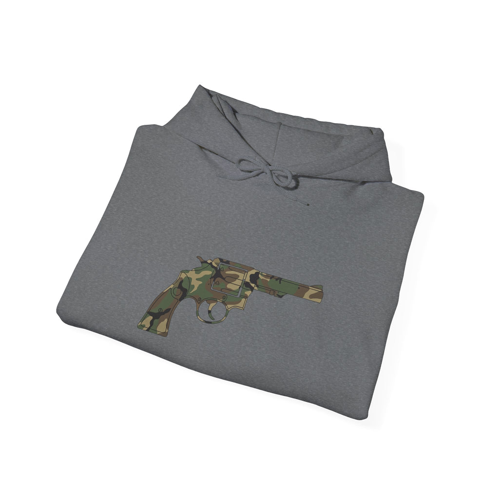 Revolver Graphic Hoodie - Vintage Camouflage Pistol Illustration