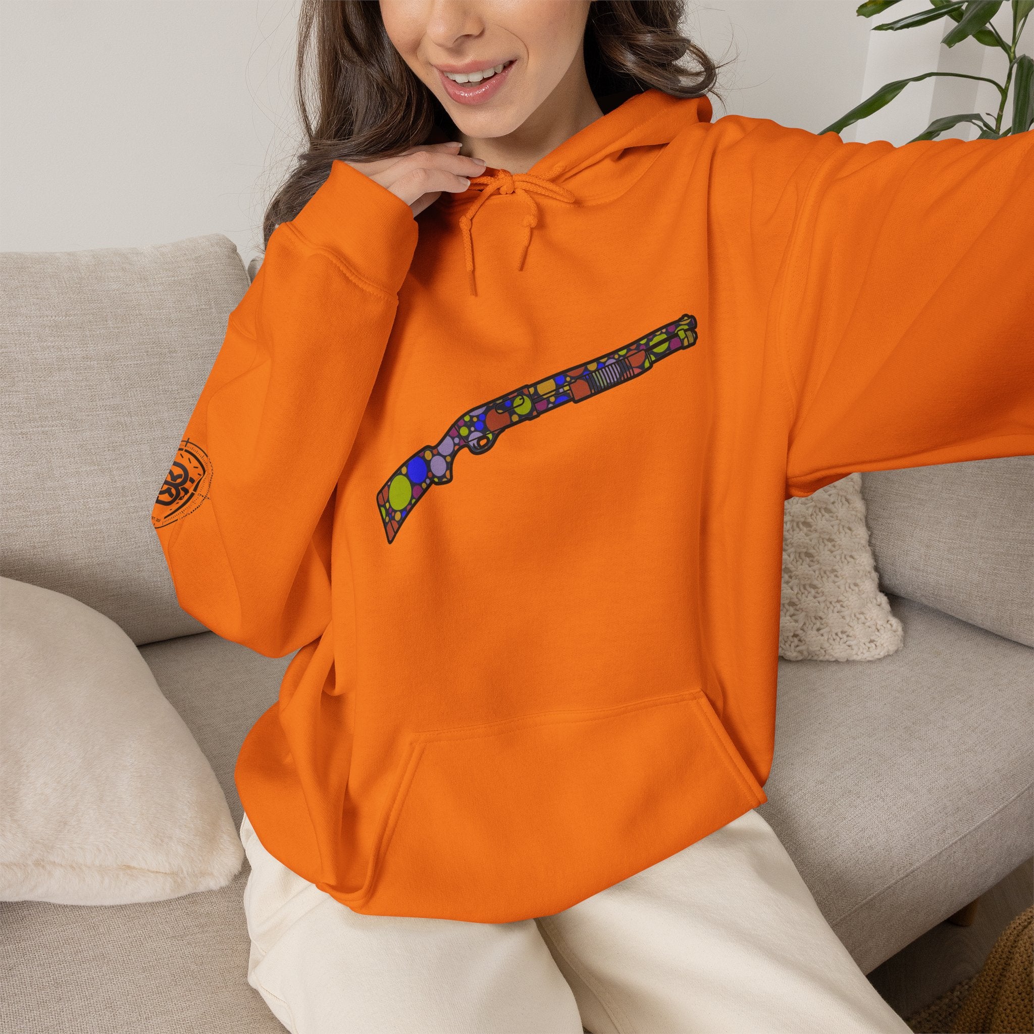 Shotgun Dot Silhouette Hoodie — Colorful Retro Hunting Sweatshirt
