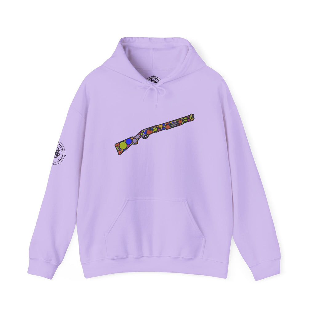 Shotgun Dot Silhouette Hoodie — Colorful Retro Hunting Sweatshirt