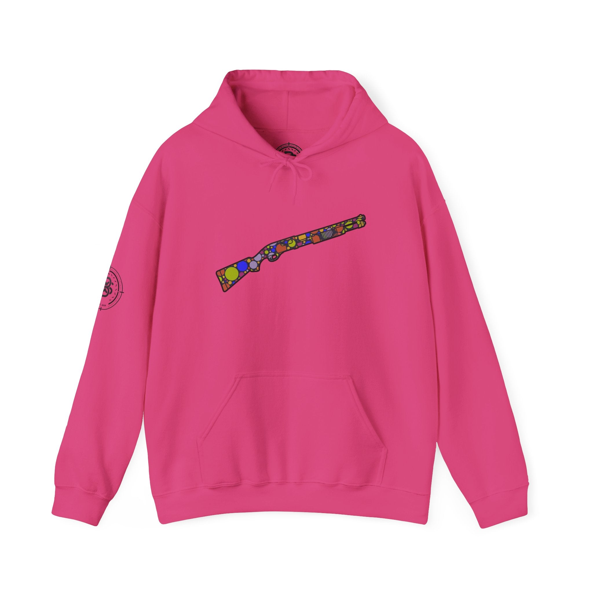 Shotgun Dot Silhouette Hoodie — Colorful Retro Hunting Sweatshirt