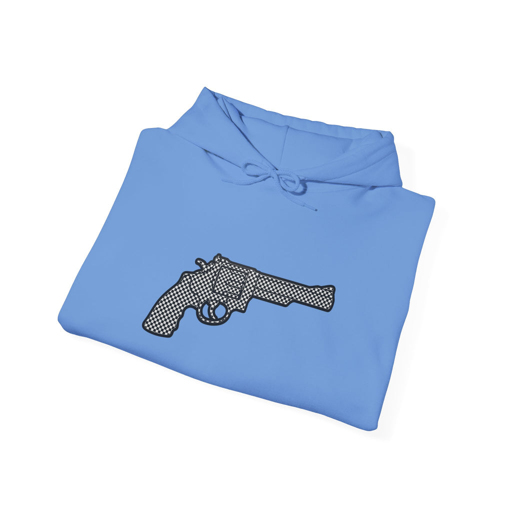 Checkered Revolver Hoodie — Retro Gun Graphic Pullover