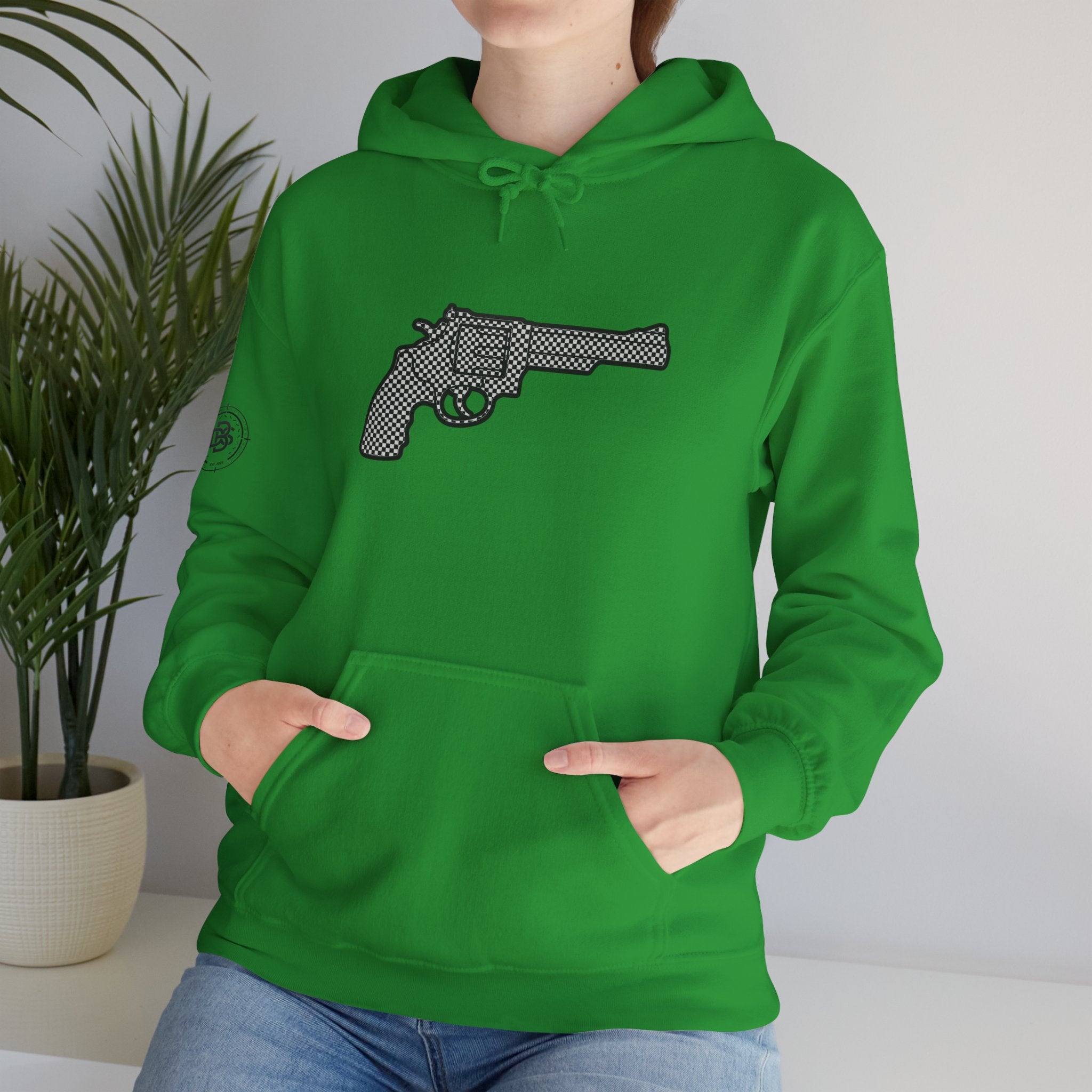 Checkered Revolver Hoodie — Retro Gun Graphic Pullover