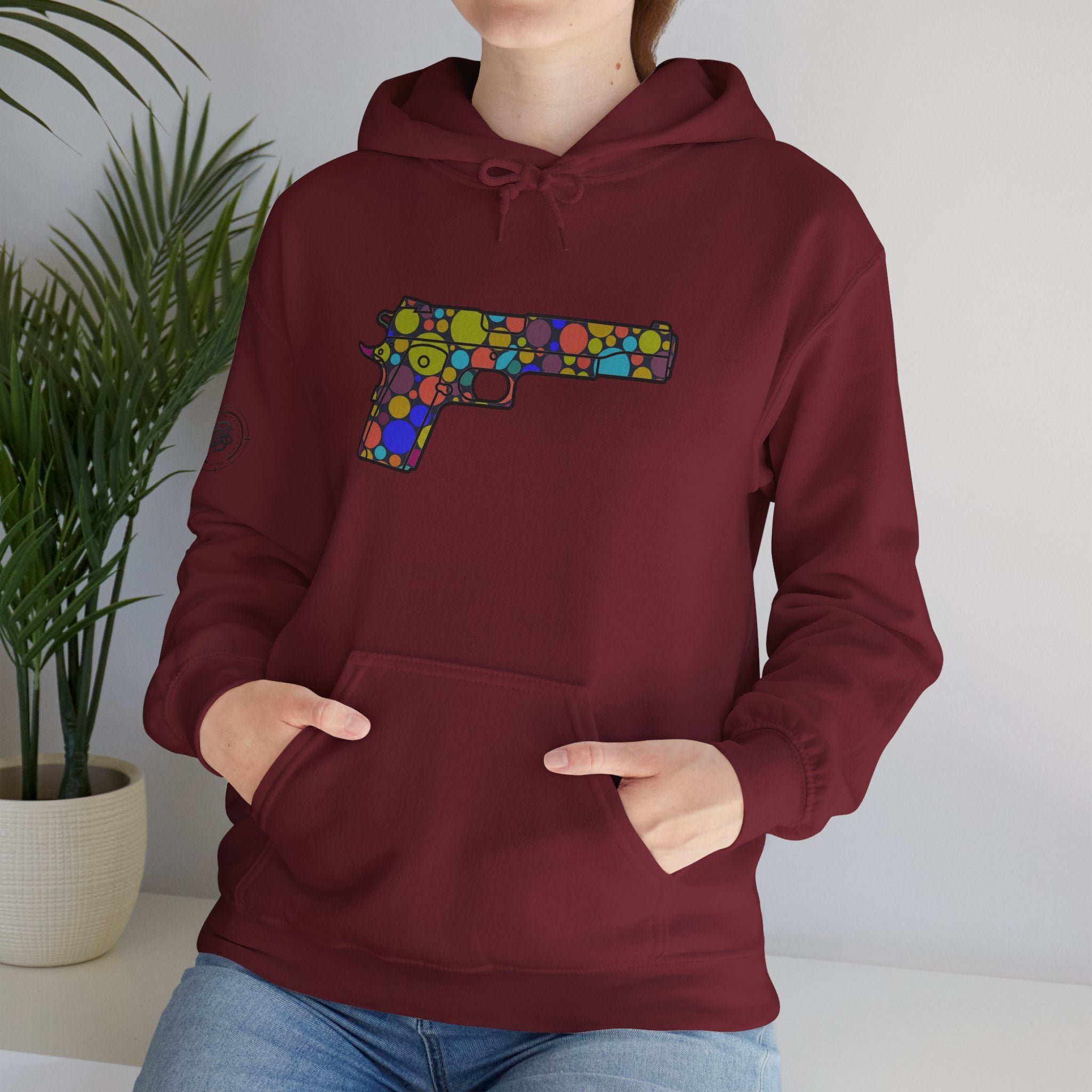 Dots Pistol Silhouette Hoodie — Colorful Mosaic Pistol Graphic Sweatshirt