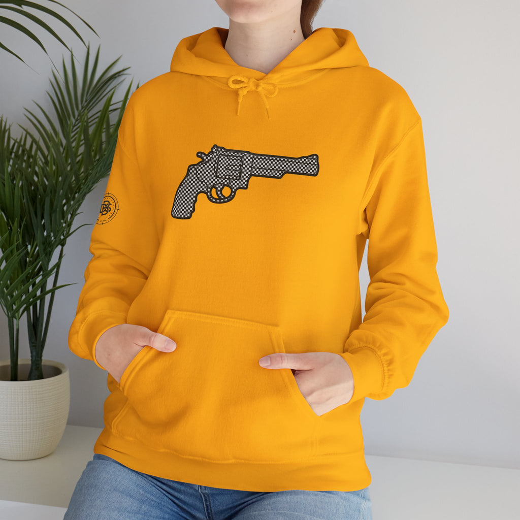 Checkered Revolver Hoodie — Retro Gun Graphic Pullover