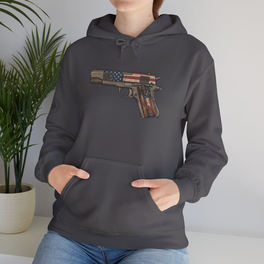 United States Flag Pistol Graphic Hoodie — Patriotic Firearm Graphic Sweatshirt