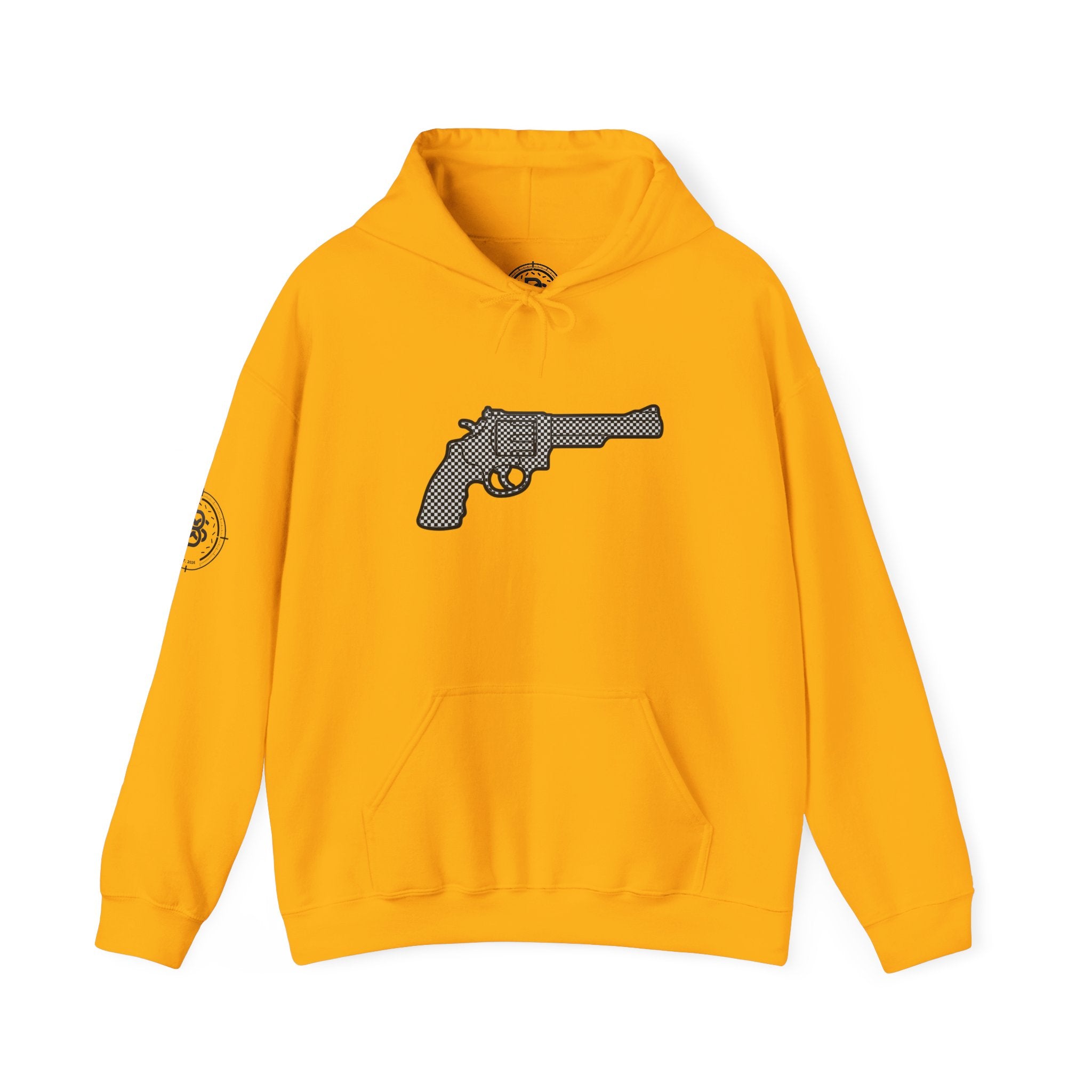 Checkered Revolver Hoodie — Retro Gun Graphic Pullover