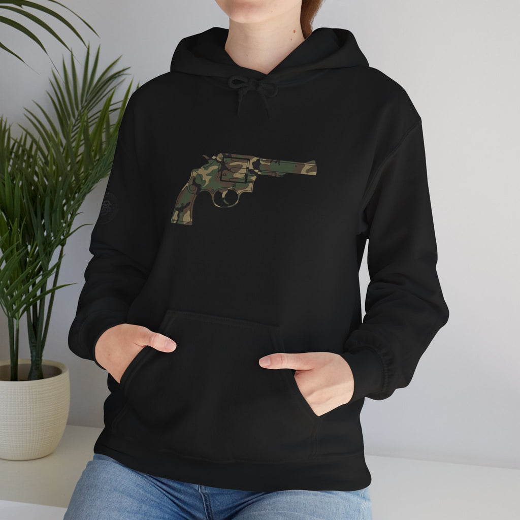 Revolver Graphic Hoodie - Vintage Camouflage Pistol Illustration