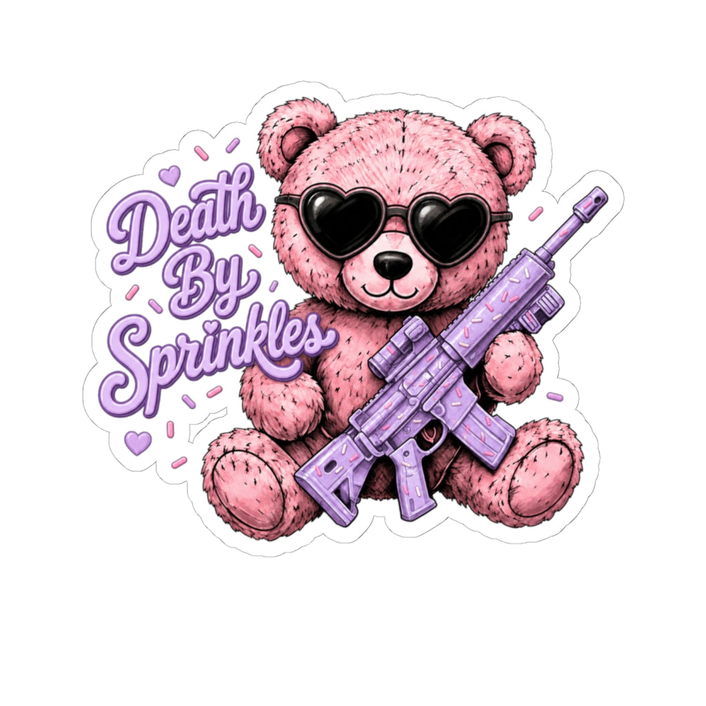 Death By Sprinkles Teddy Sticker — Cute Pink Bear with Sunglasses & Lavender Rifle