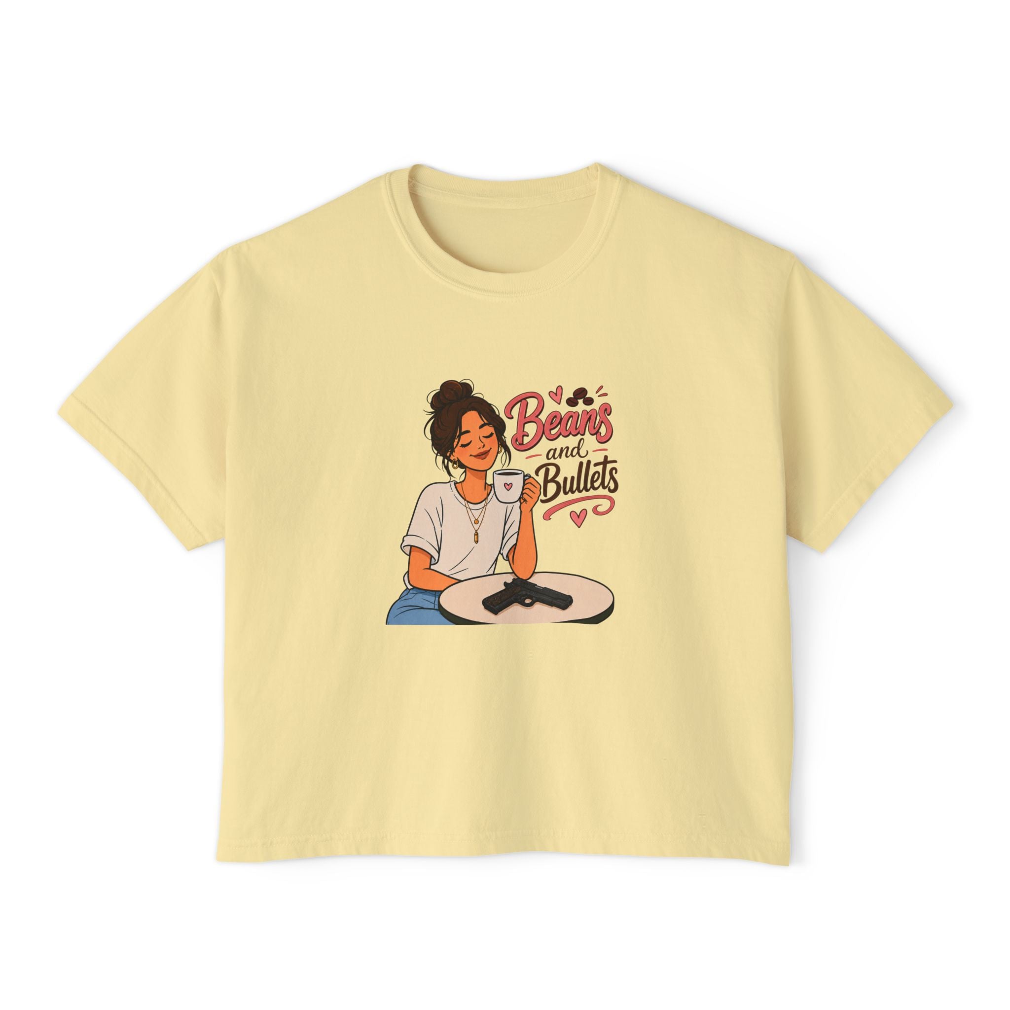 Beans and Bullets Women's Boxy Tee – Coffee Lover Graphic Crop Tee