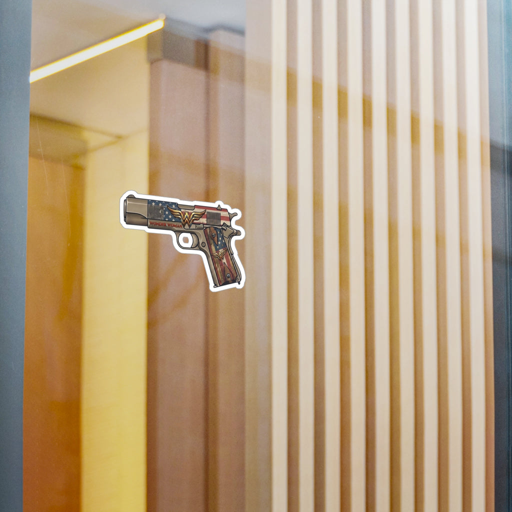 Wonder Woman Pistol Vinyl Sticker — American Flag & Vintage Firearm Kiss-Cut Decal