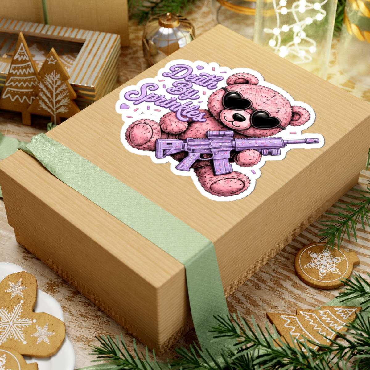 Death By Sprinkles Teddy Sticker — Cute Pink Bear with Sunglasses & Lavender Rifle
