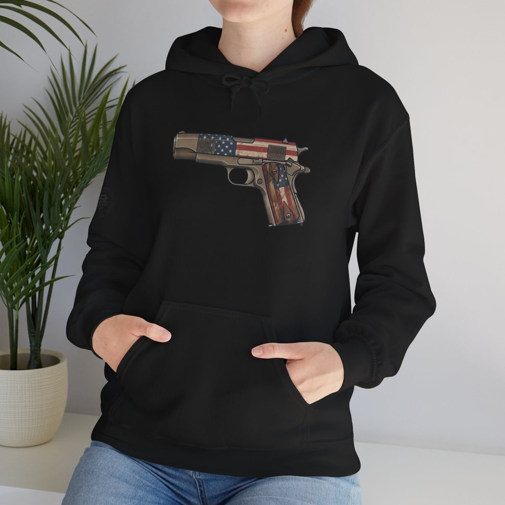 United States Flag Pistol Graphic Hoodie — Patriotic Firearm Graphic Sweatshirt