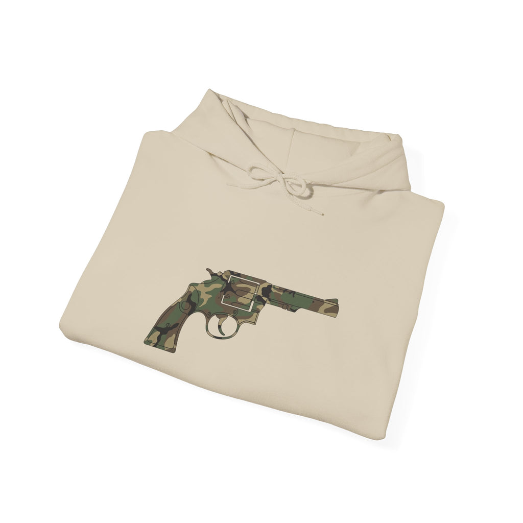 Revolver Graphic Hoodie - Vintage Camouflage Pistol Illustration