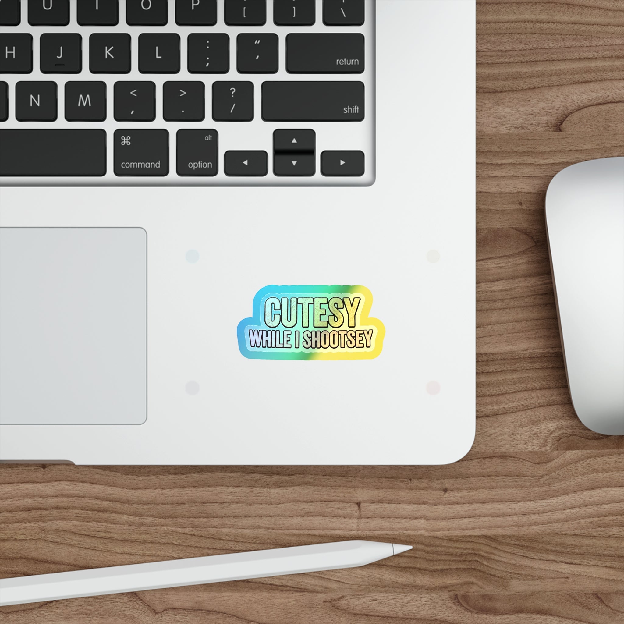 Holographic "Cutesy While I Shootsey" Die-Cut Sticker