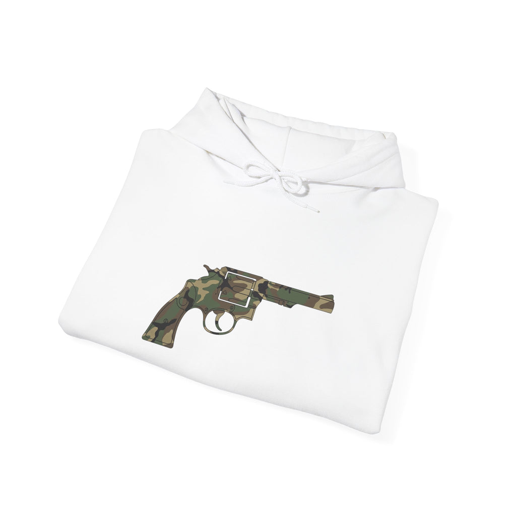 Revolver Graphic Hoodie - Vintage Camouflage Pistol Illustration