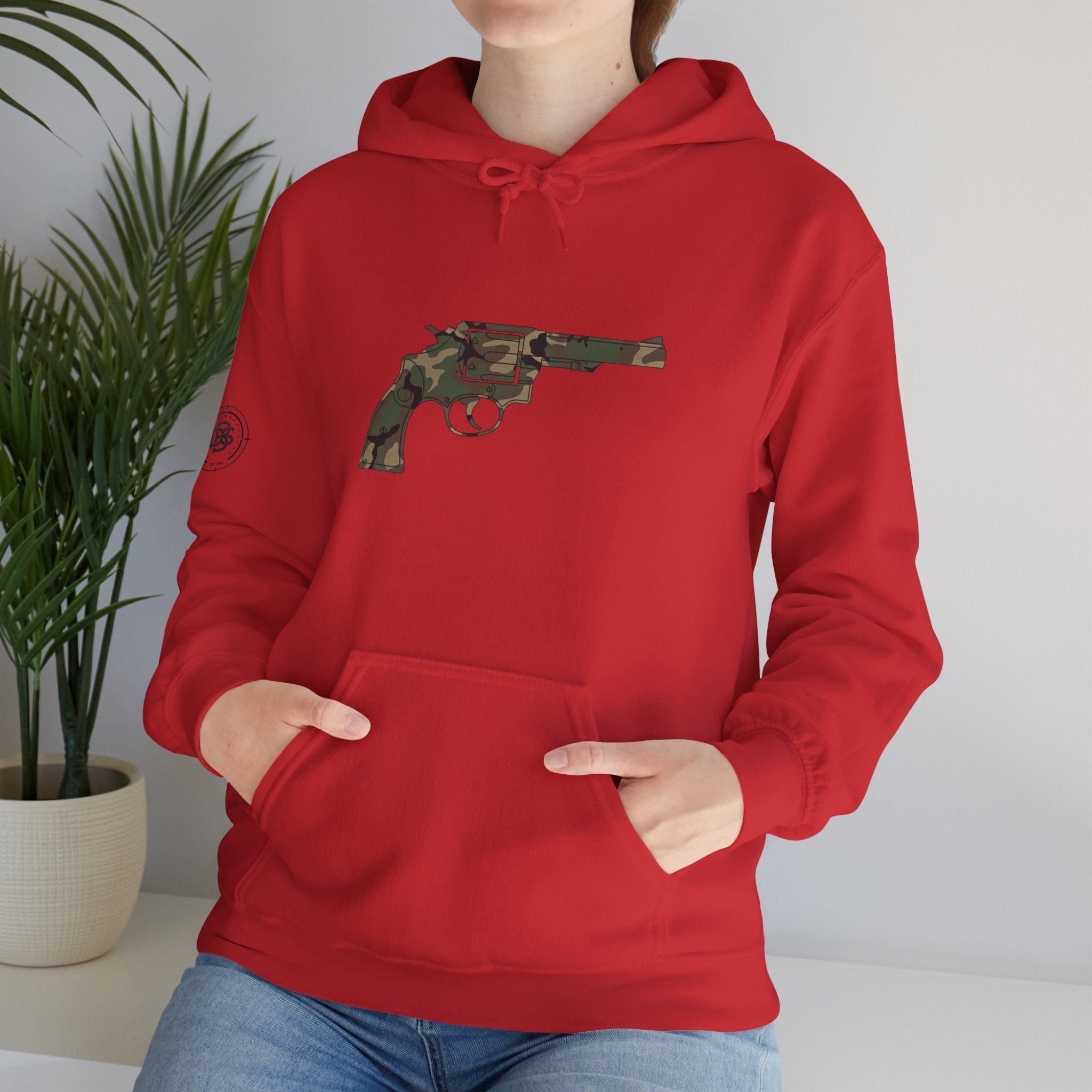 Revolver Graphic Hoodie - Vintage Camouflage Pistol Illustration