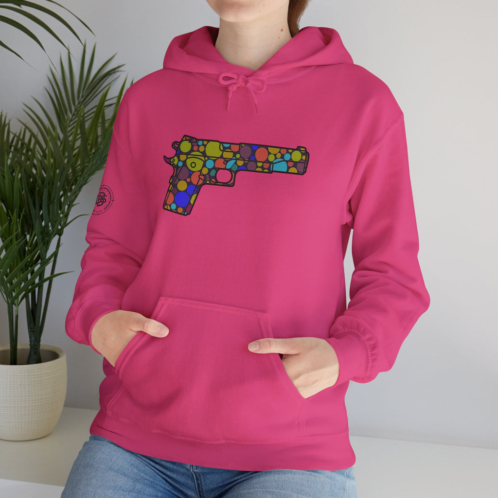 Dots Pistol Silhouette Hoodie — Colorful Mosaic Pistol Graphic Sweatshirt