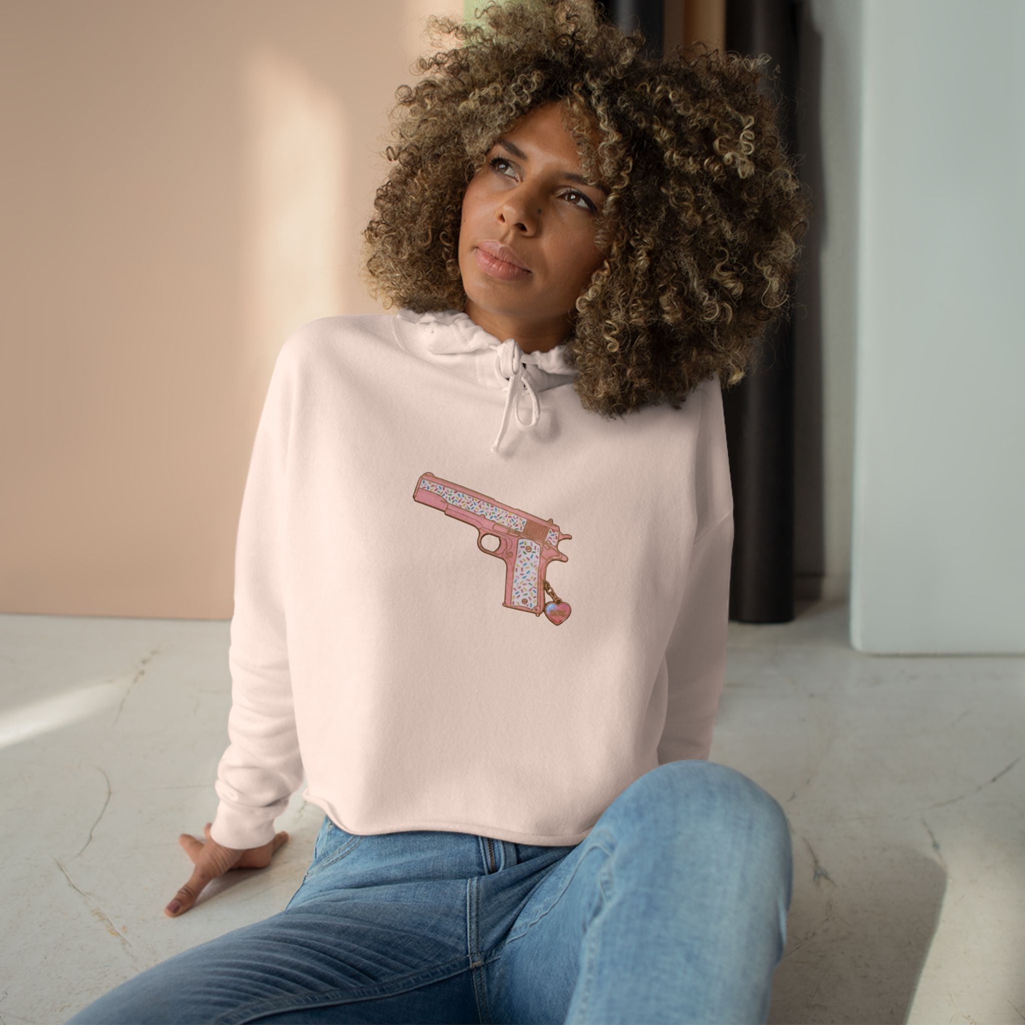 Large Pistol Crop Hoodie — Minimalist Feminine Streetwear