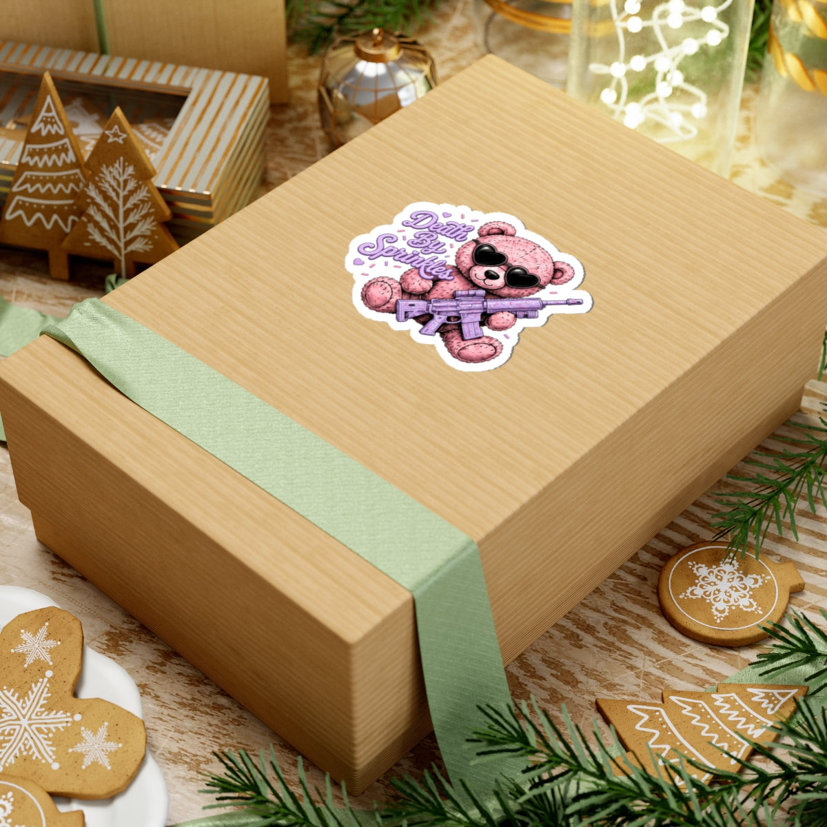 Death By Sprinkles Teddy Sticker — Cute Pink Bear with Sunglasses & Lavender Rifle