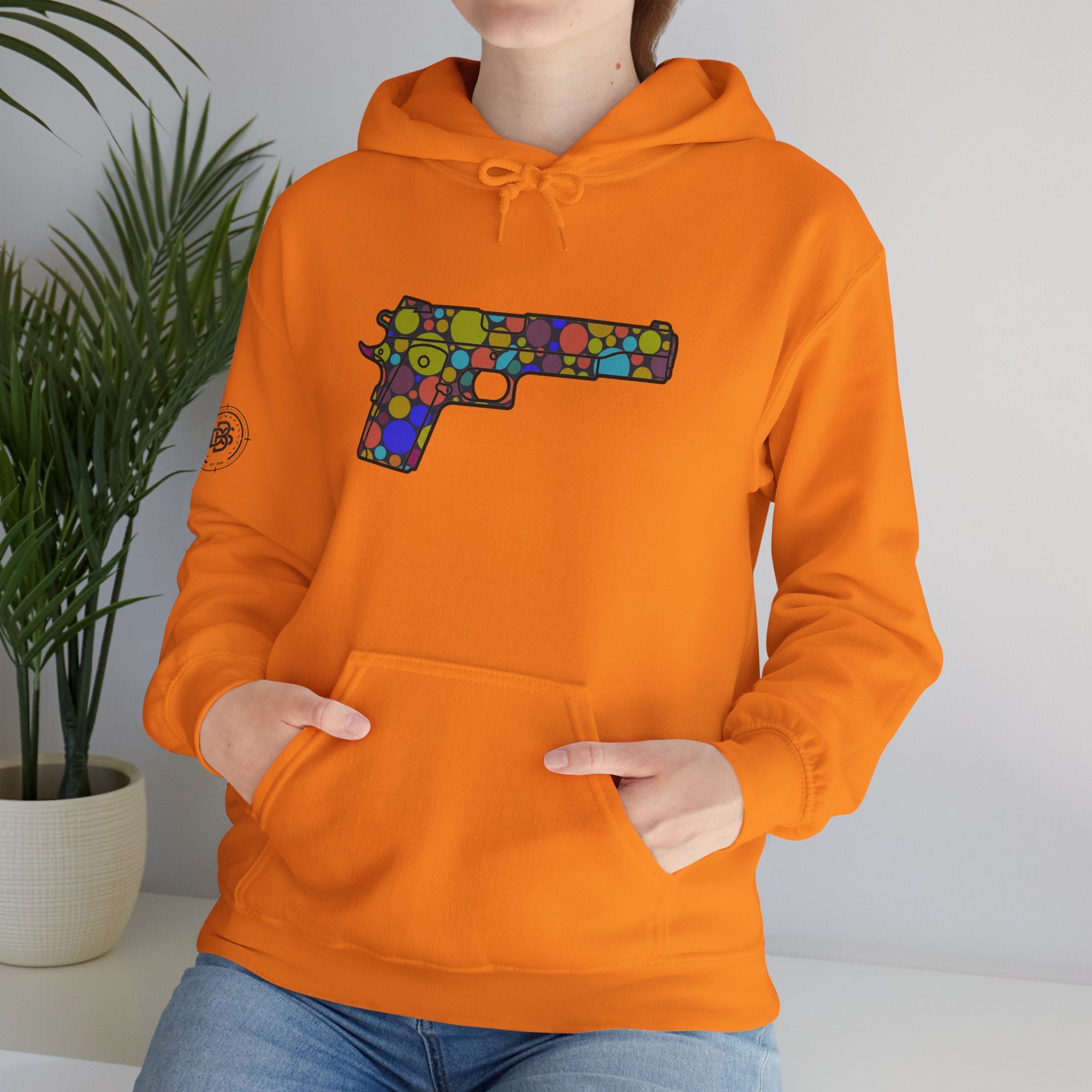 Dots Pistol Silhouette Hoodie — Colorful Mosaic Pistol Graphic Sweatshirt