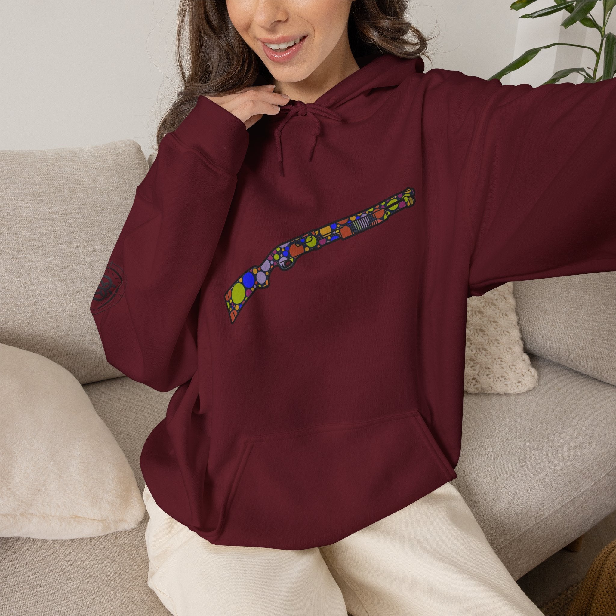 Shotgun Dot Silhouette Hoodie — Colorful Retro Hunting Sweatshirt