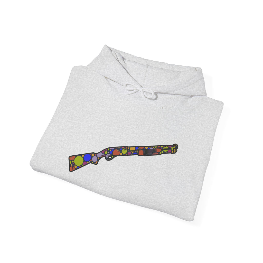 Shotgun Dot Silhouette Hoodie — Colorful Retro Hunting Sweatshirt