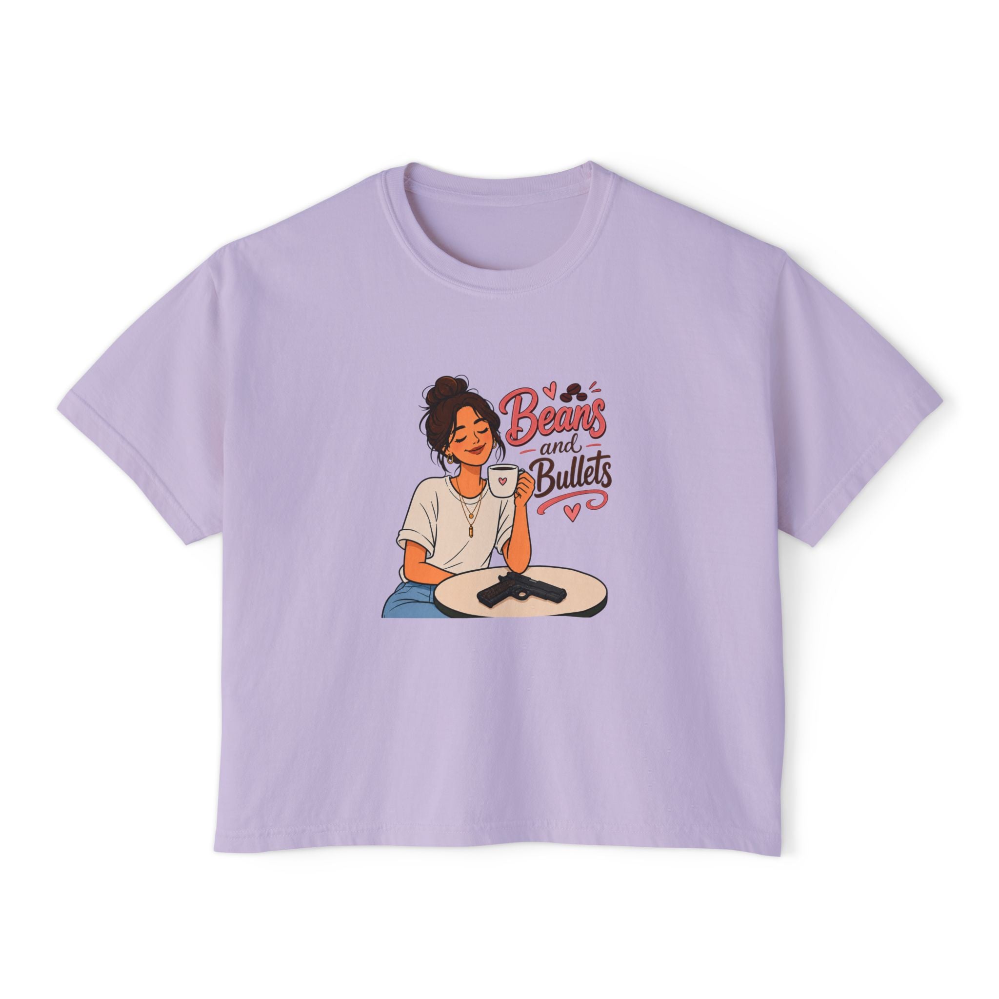 Beans and Bullets Women's Boxy Tee – Coffee Lover Graphic Crop Tee