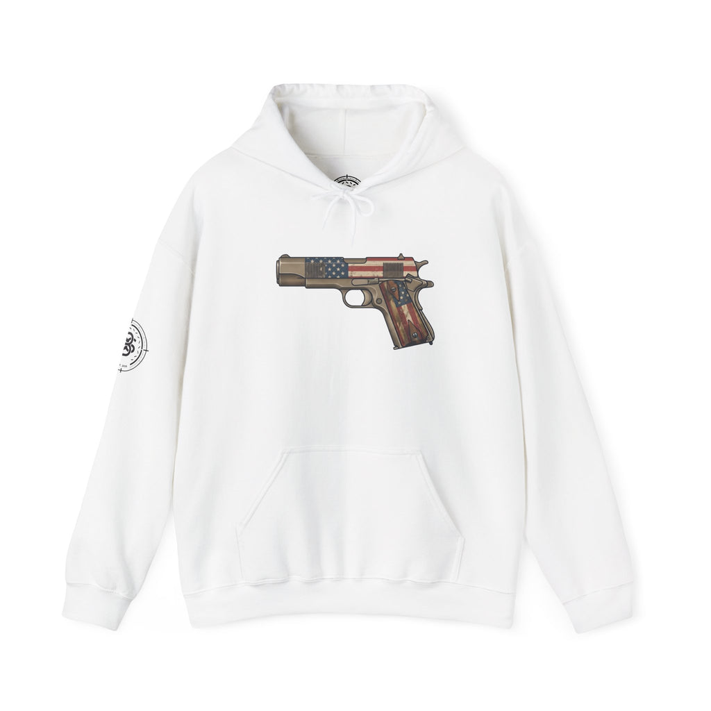 United States Flag Pistol Graphic Hoodie — Patriotic Firearm Graphic Sweatshirt