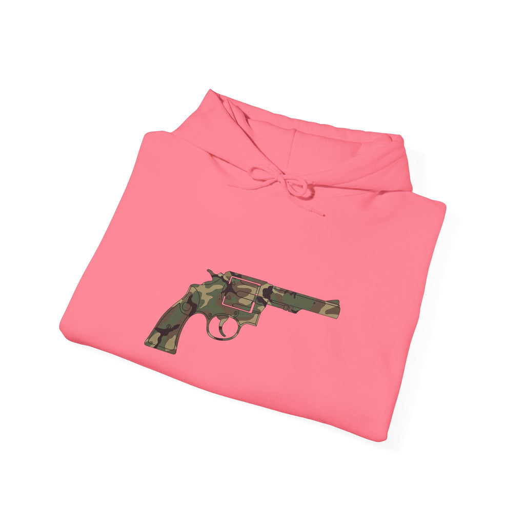 Revolver Graphic Hoodie - Vintage Camouflage Pistol Illustration