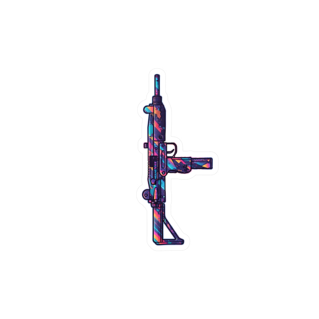 Retro UZI Vinyl Sticker — Psychedelic Submachine Gun Kiss-Cut Decal