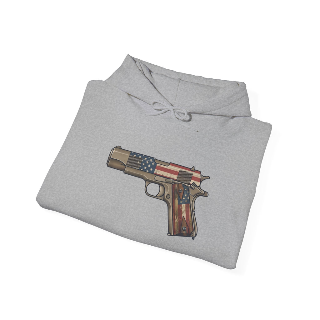 United States Flag Pistol Graphic Hoodie — Patriotic Firearm Graphic Sweatshirt