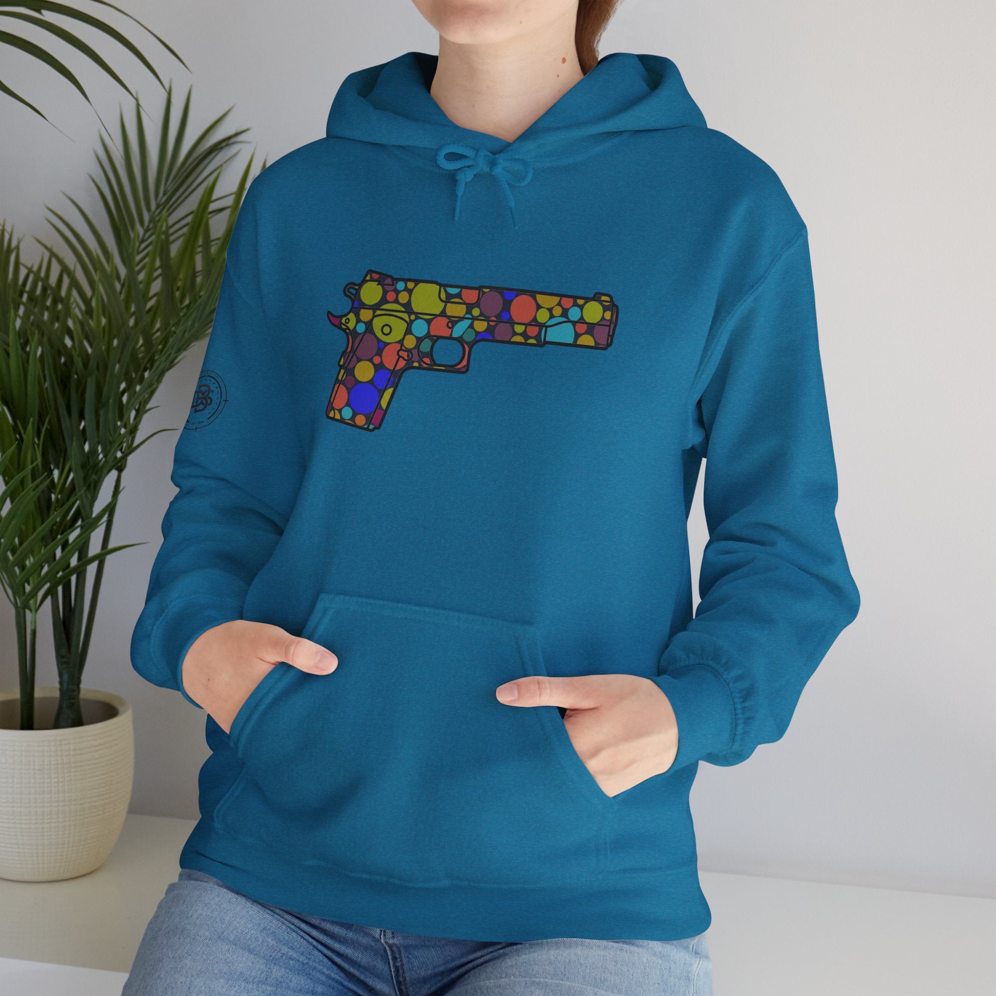 Dots Pistol Silhouette Hoodie — Colorful Mosaic Pistol Graphic Sweatshirt