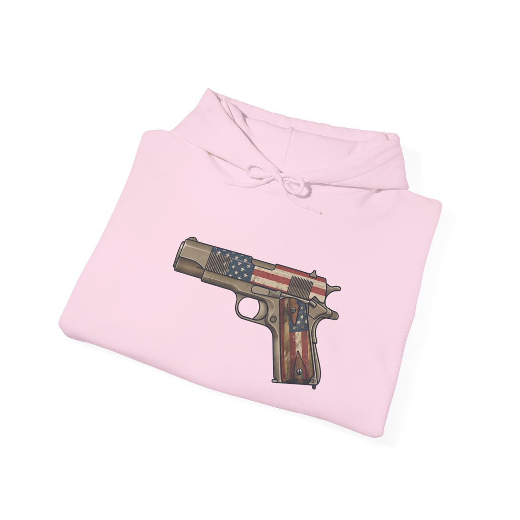 United States Flag Pistol Graphic Hoodie — Patriotic Firearm Graphic Sweatshirt