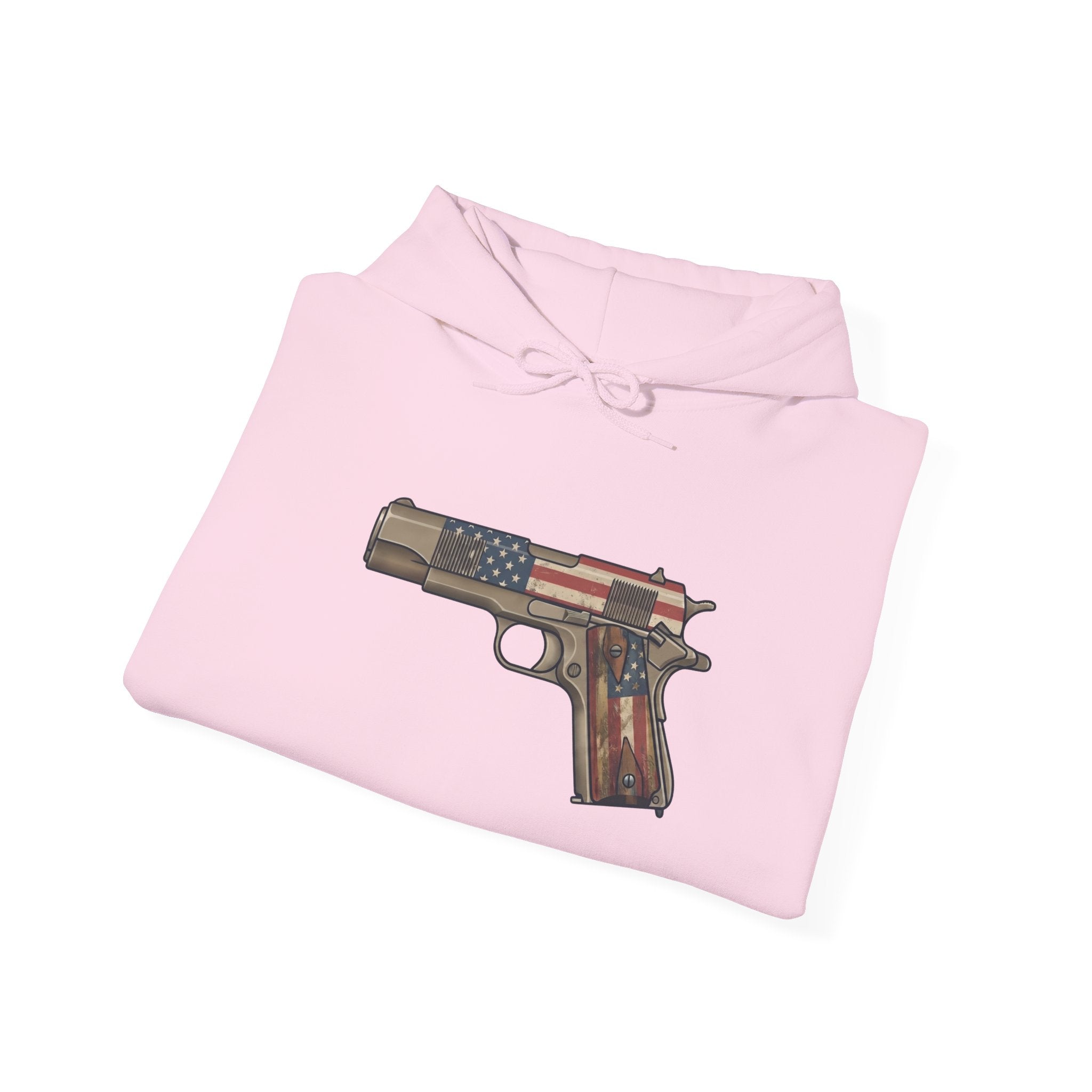 United States Flag Pistol Graphic Hoodie — Patriotic Firearm Graphic Sweatshirt