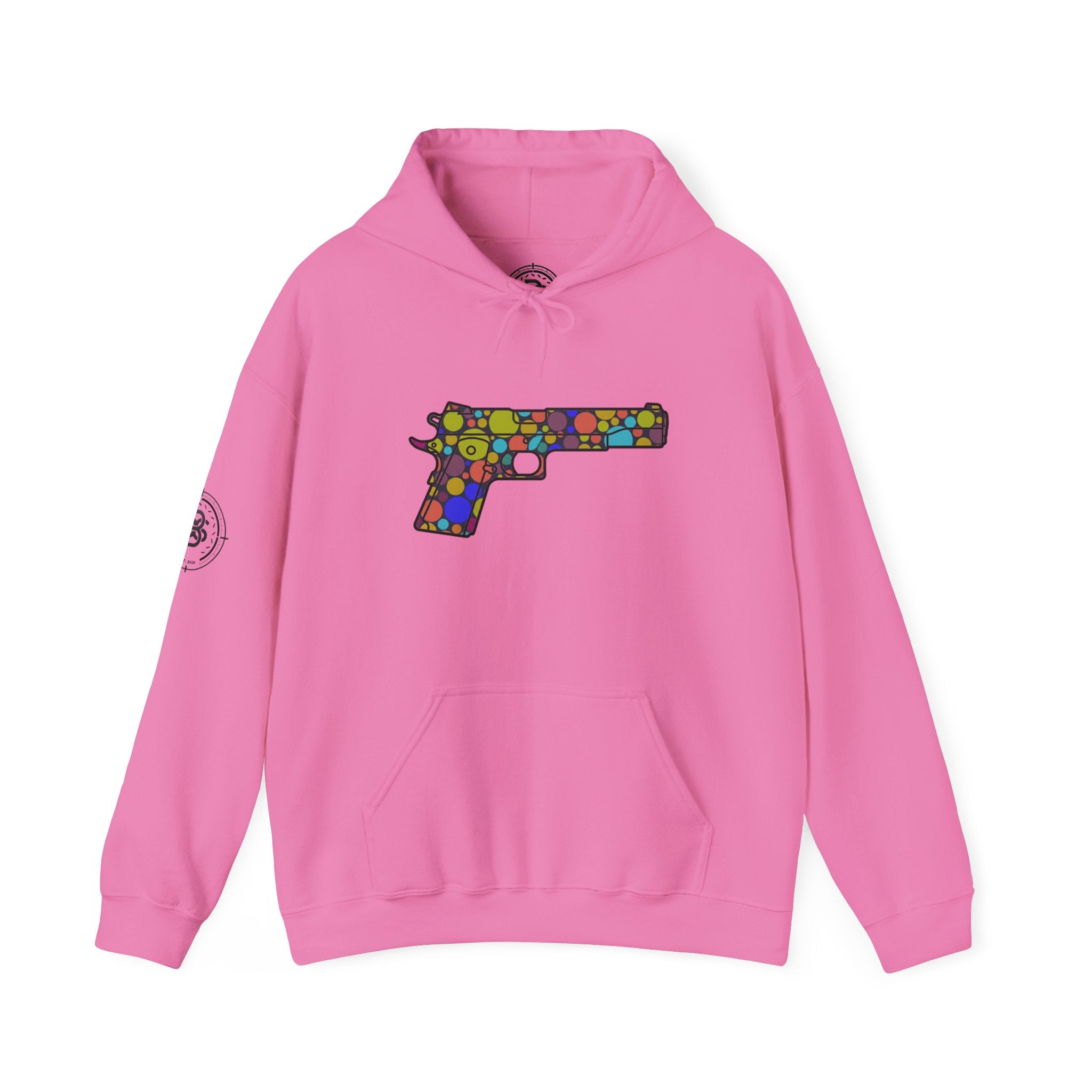 Dots Pistol Silhouette Hoodie — Colorful Mosaic Pistol Graphic Sweatshirt