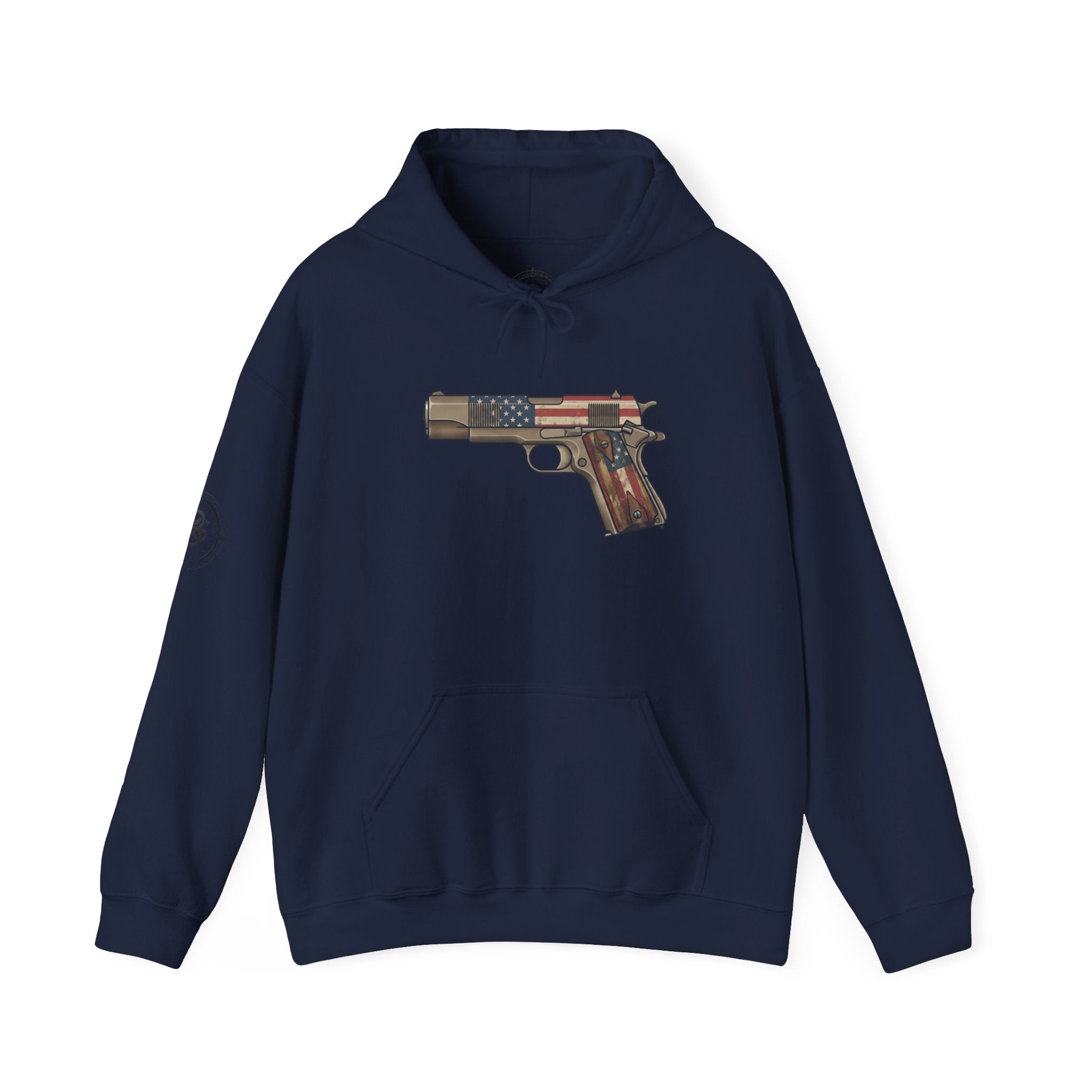 United States Flag Pistol Graphic Hoodie — Patriotic Firearm Graphic Sweatshirt