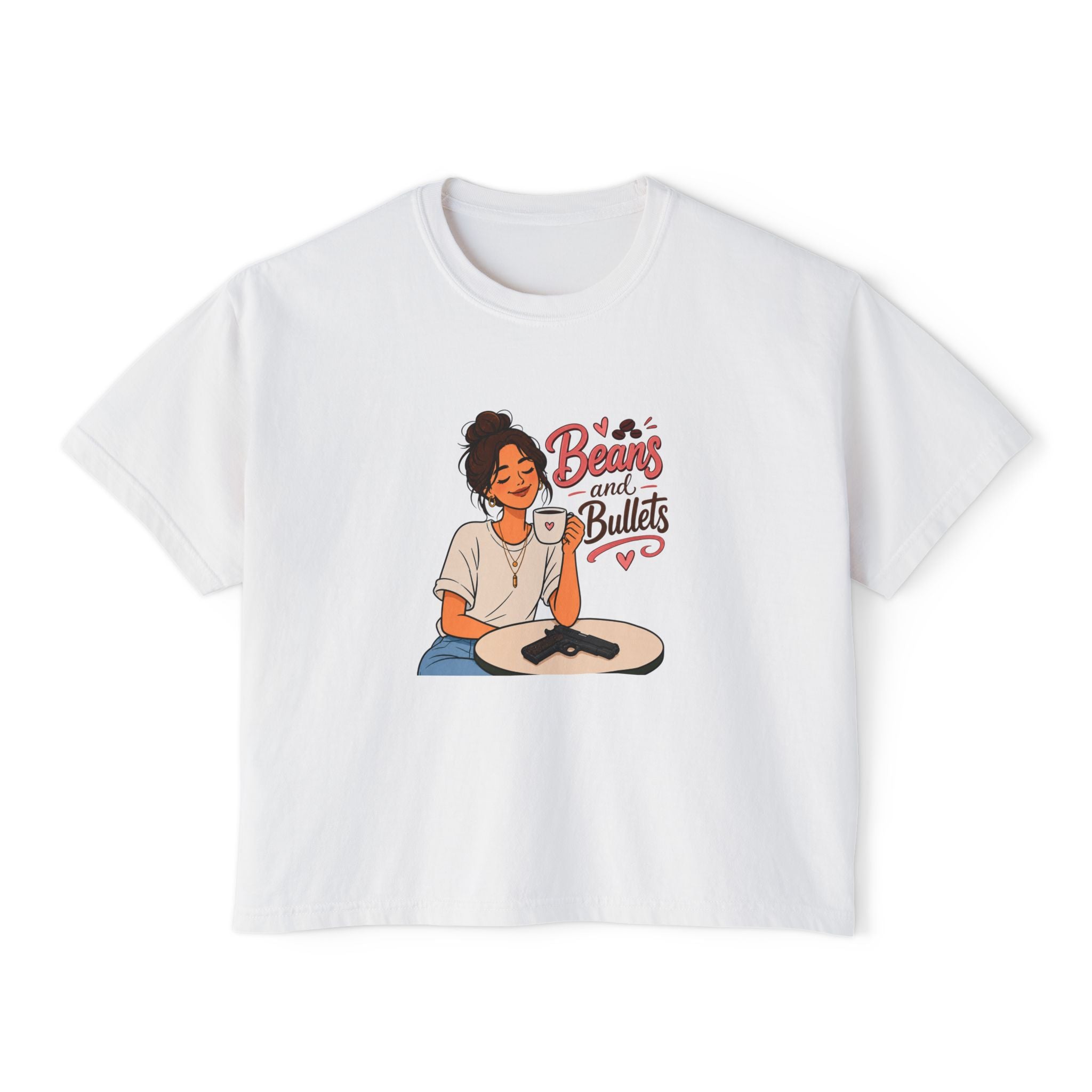 Beans and Bullets Women's Boxy Tee – Coffee Lover Graphic Crop Tee