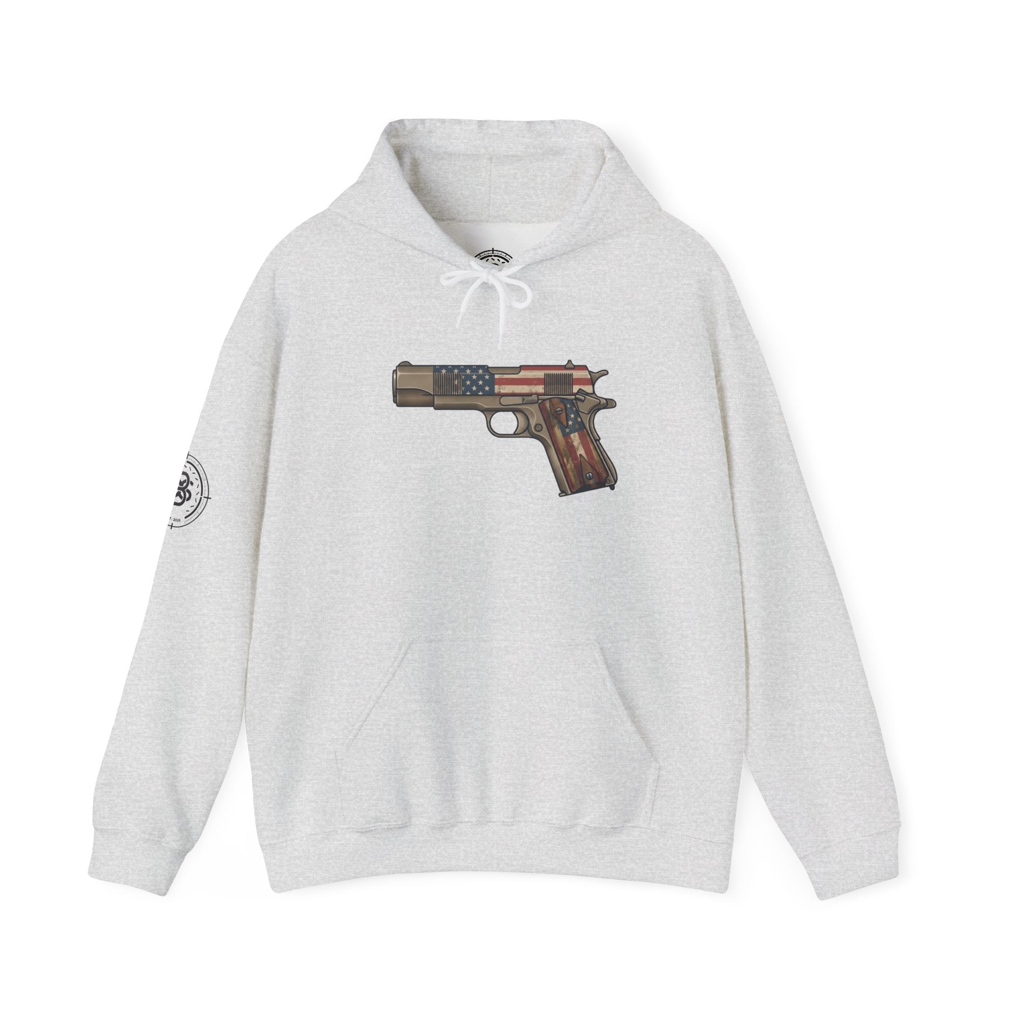United States Flag Pistol Graphic Hoodie — Patriotic Firearm Graphic Sweatshirt