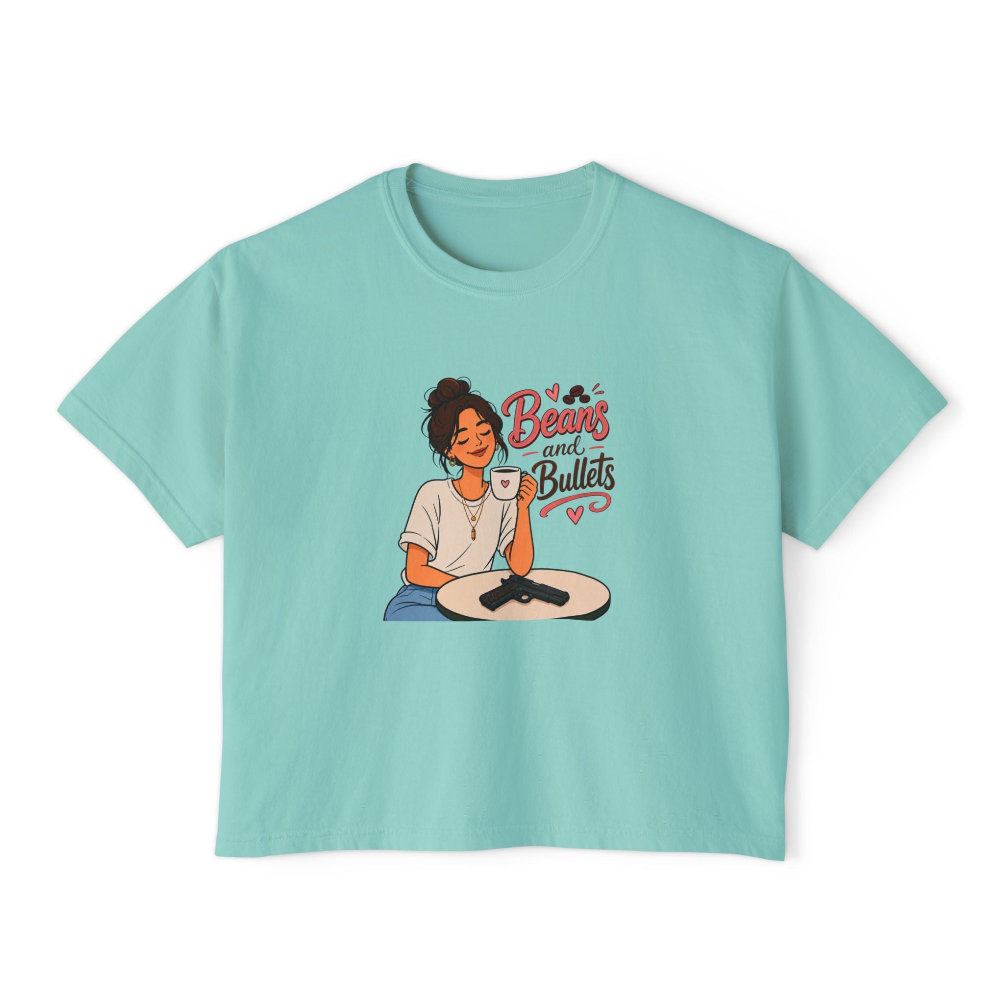 Beans and Bullets Women's Boxy Tee – Coffee Lover Graphic Crop Tee
